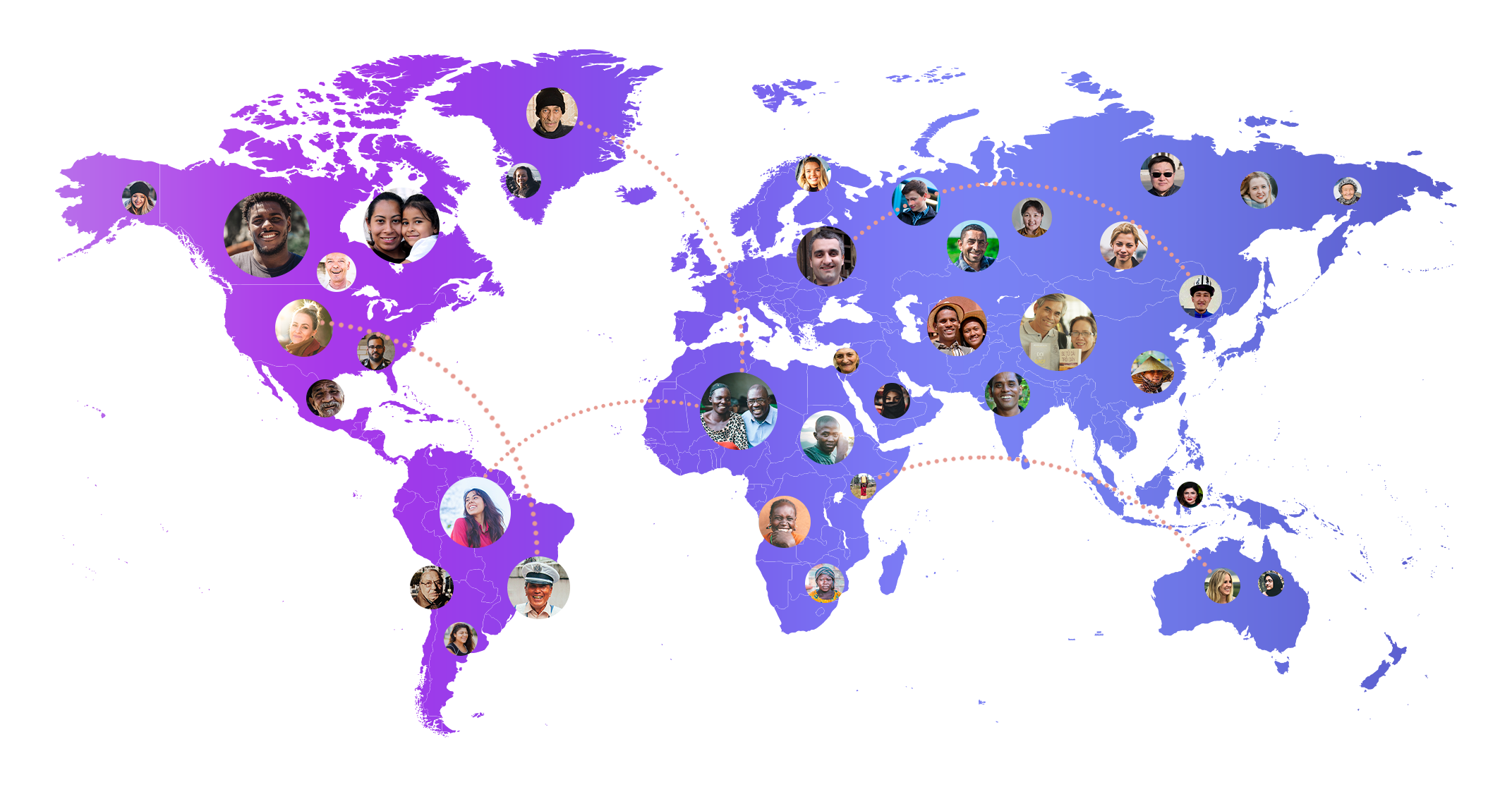 MessengerX app showing faces of people around the world and how everyone is connected