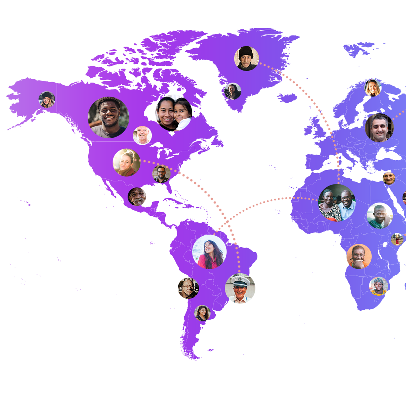 MessengerX app showing faces of people around the world and how everyone is connected